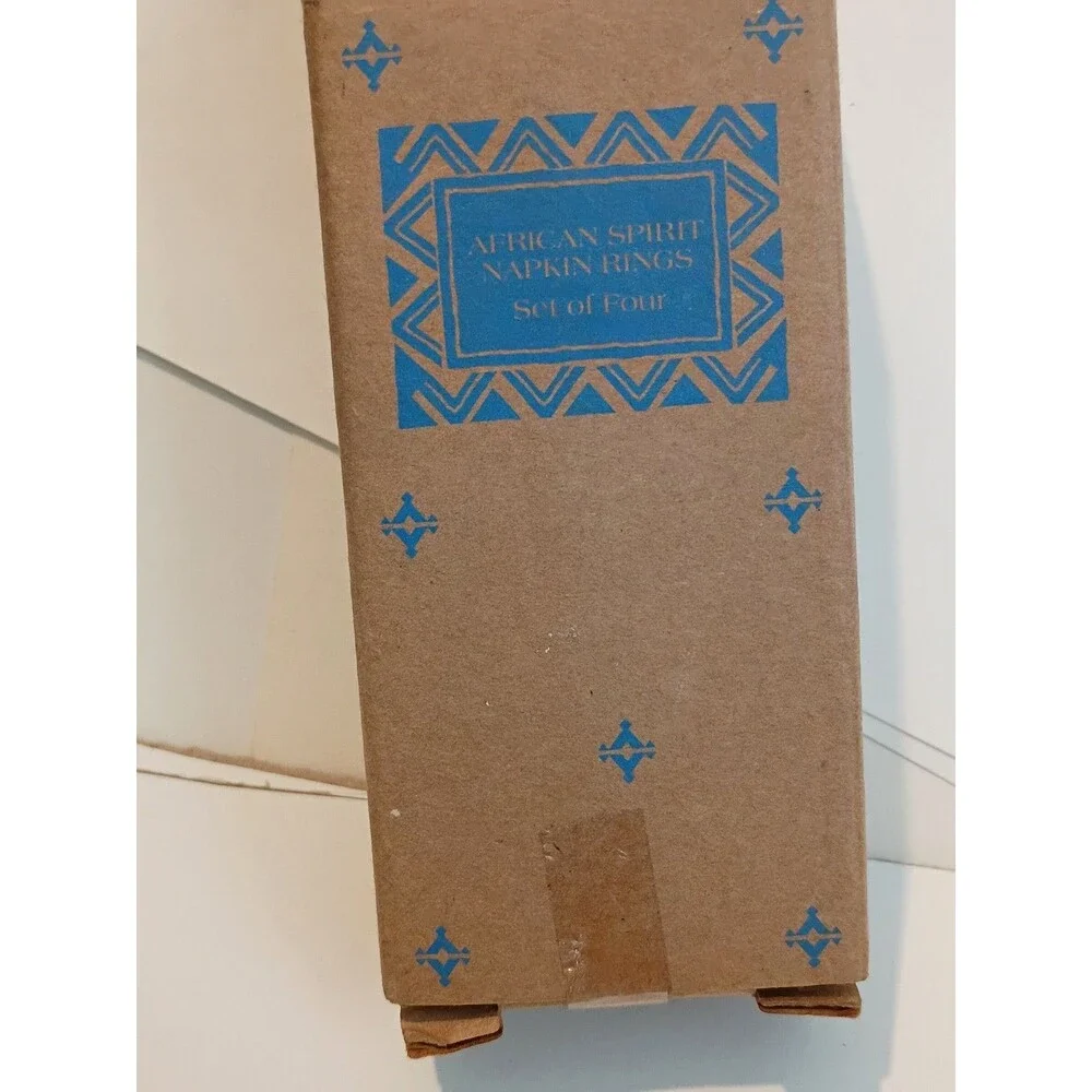 Vtg Avon Set of 4 Napkin Rings Gold Tone African Spirit Holders W/ Original Box
